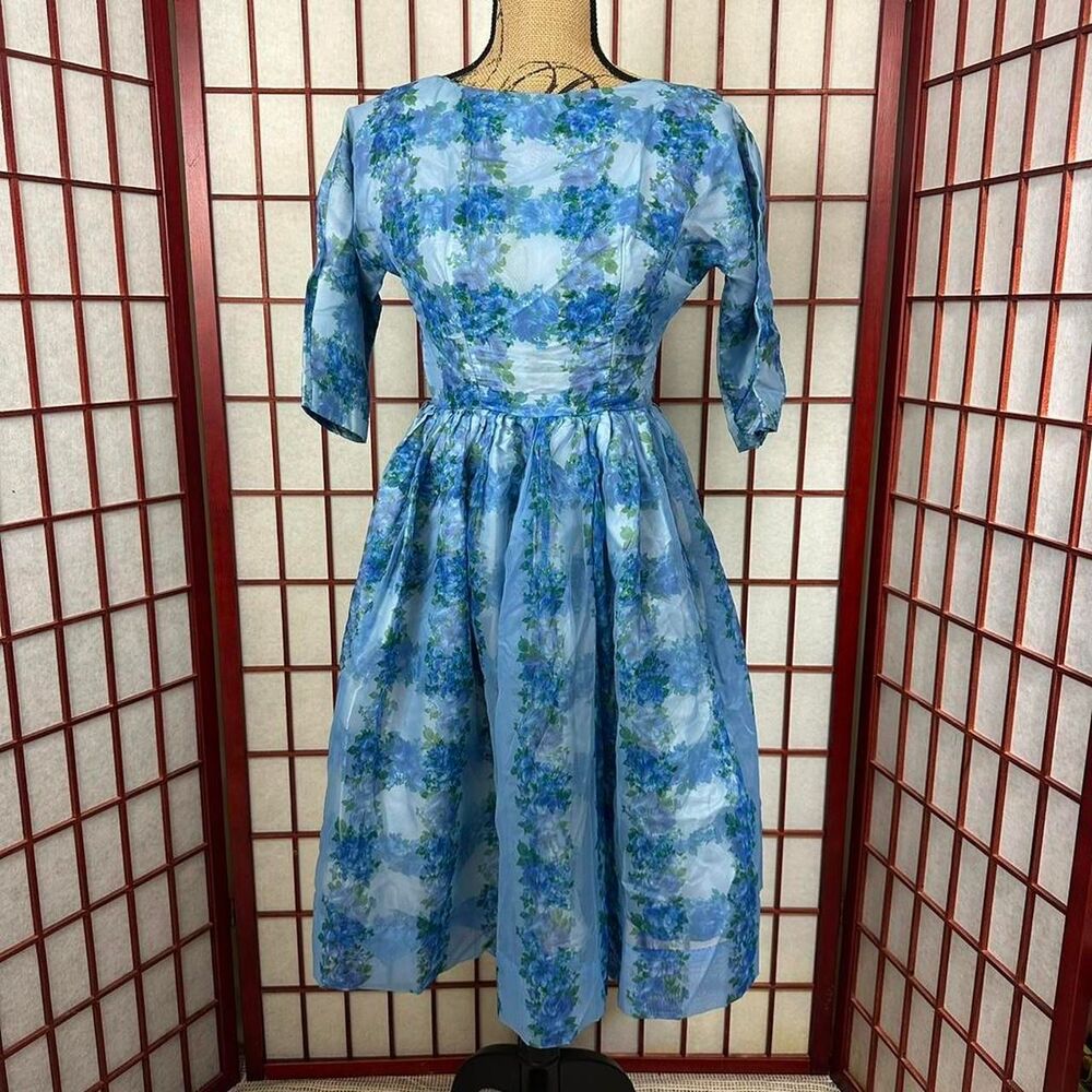Vintage 50s Retro Blue Floral Chiffon Formal Party Dress